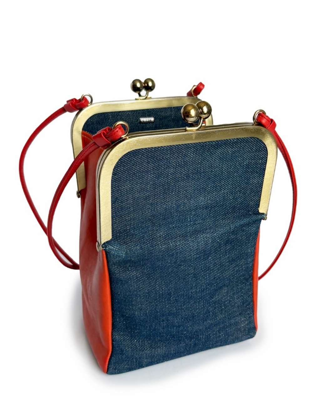 1970s Bonnie Cashin for Coach Red Leather Denim Double Entry Swinger Bag Rare - Picture 8 of 17